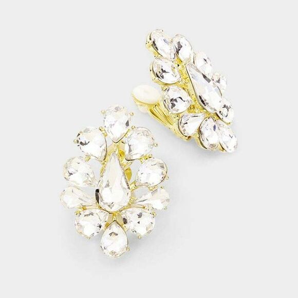 Teardrop Crystal Cluster Clip On Earrings NWT - Picture 3 of 5